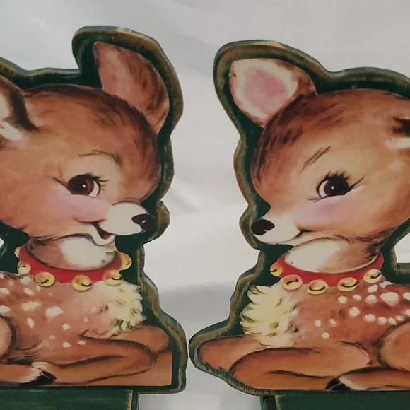 Vintage PostCard Cut-Out Christmas  Decor Left/Right Facing Wooden Fawn Charming - Picture 3 of 7